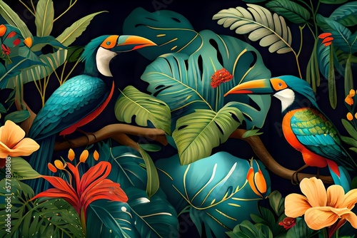 Tropical wallpaper background with plants and birds.The best computer wallpaper, incredible abstract background for the cover © Serg1999_ko
