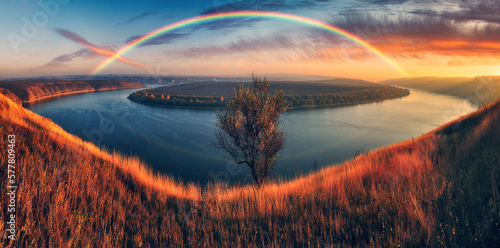 colorful rainbow over river canyon. autumn landscape. nature of Ukraine  © sergnester