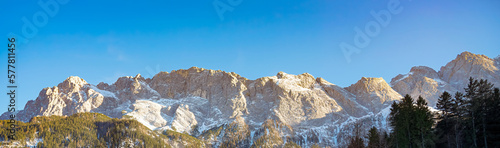 Wide-angle panoramic image of the Alpine mountains with a resolution of 32 to 9.