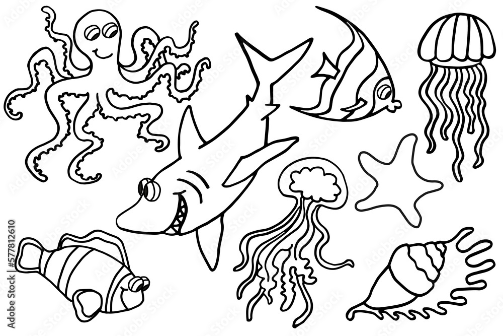 Fototapeta premium Set of isolated outline of underwater animals on a white background. Octopus, clown fish, shark, jellyfish, shell, starfish. Cartoon vector illustration for print, coloring book.