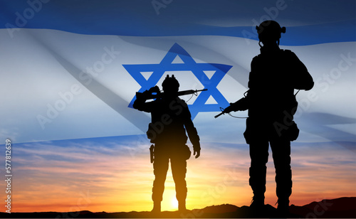 Silhouettes of soldiers with Israel flag against the sunrise. Concept - Armed forces of Israel. EPS10 vector