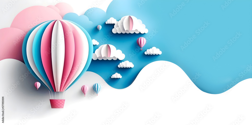 Several hot air balloons in the blue sky over the mountains. paper style. copy space