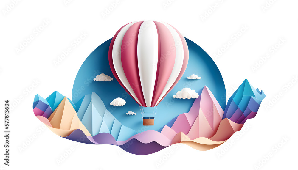 one hot air balloon in the blue sky over the mountains. paper style. copy space, white background