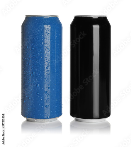 Aluminum cans with drinks on white background