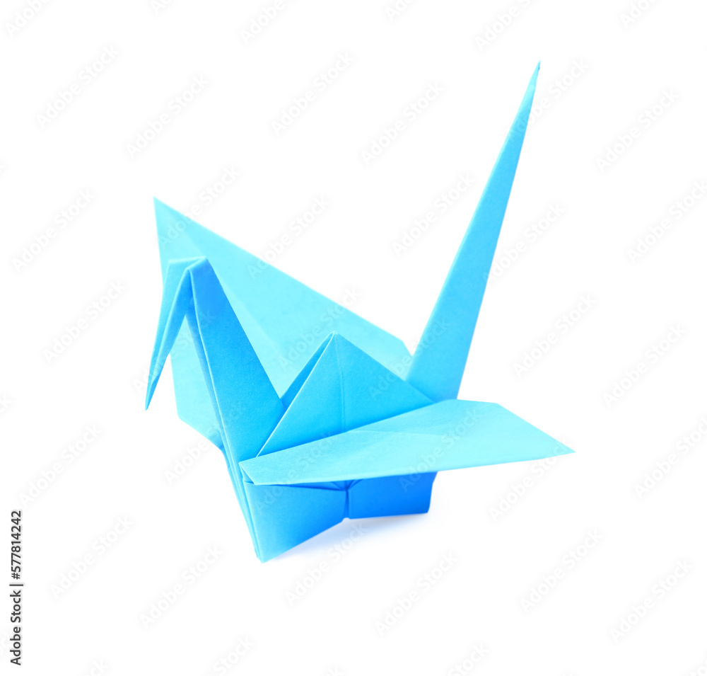 Fototapeta premium Origami art. Blue handmade paper crane isolated on white