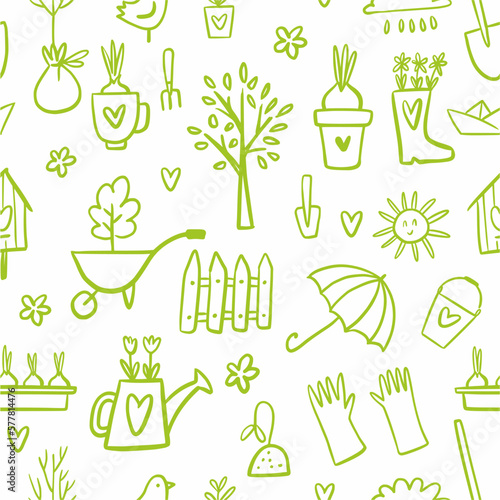 Vector pattern of gardening elements and spring symbols, hand-drawn in doodle style