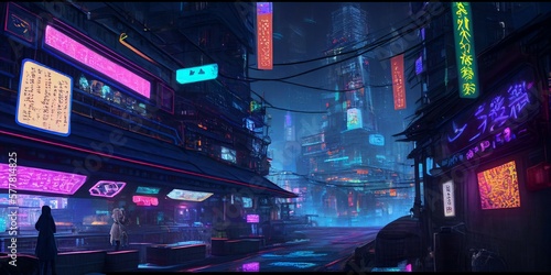 cyberpunk city with neon signs