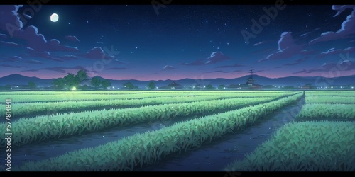 rice fields at night with purple sky