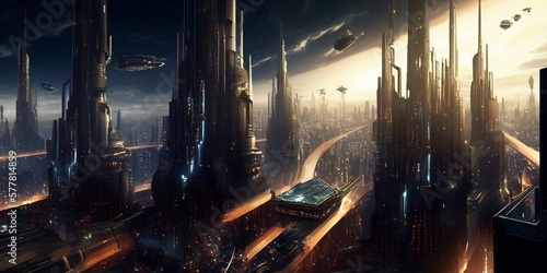 futuristic city with skyscrapers and flying transport