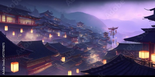 historical japanese city in purple smoke