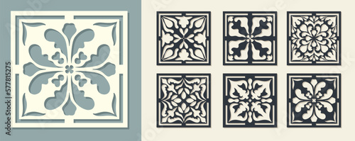 Big set of square Vintage Laser Cut pattern with baroque ornament. Vector Stencil Template for cnc cutting, decorative panels of wood, metal, paper, plastic