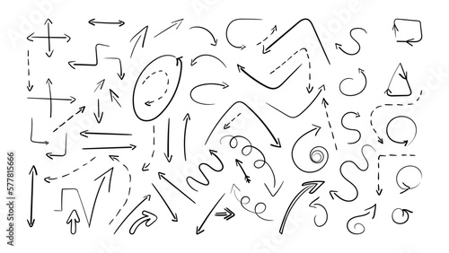 Set of doodle arrows. Hand drawn pointers of various directions. Freehand arrow collection. Up and dawn, right and left, swirl, circle shapes. Vector illustration