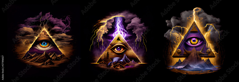 Set of eyes of Providence with pyramid and lightning. AI generative. Set of eyes of Providence with pyramid and lightning. AI generative.
