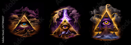 Set of eyes of Providence with pyramid and lightning. AI generative.