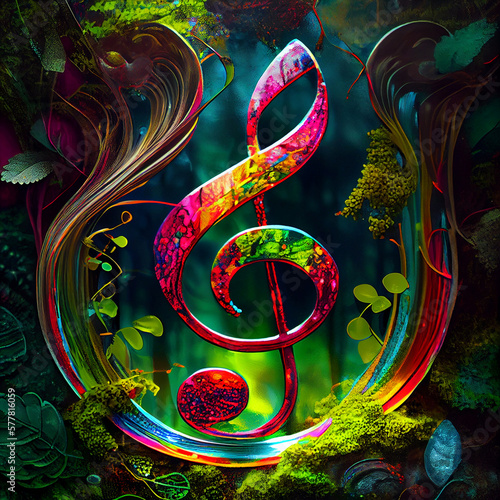Close-up surreal colorful treble clef with plants. AI Generative.