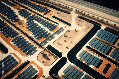 Solar panels park. Aerial view. Generative AI