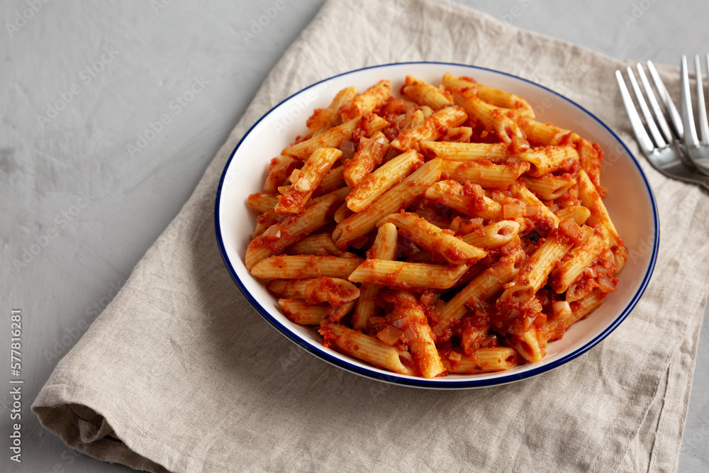 Homemade Penne With Tomato Sauce on a Plate, side view. Copy space. Homemade Penne With Tomato Sauce on a Plate, side view. Copy space.