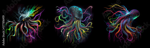 Multicolored kraken or an octopus monster on black background. AI generative.