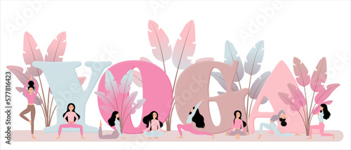 Yoga web page banner. Girls do yoga. Logo for yoga club. Inscription in capital letters yoga