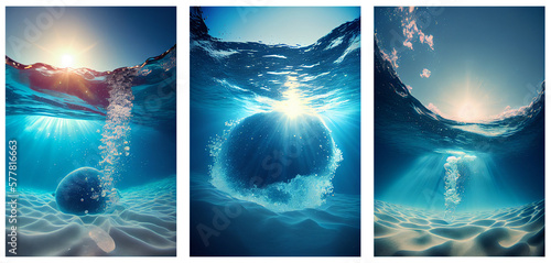 Blue underwater backgrounds with sunlight. AI generative.