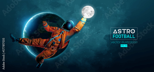 American football, rugby player astronaut in space action and Earth, Moon planets on the background of the space. Vector