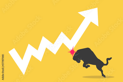Bull hit the graph, bullish market trend in stocks or crypto. Trade exchange, up arrow graph for increase in rates