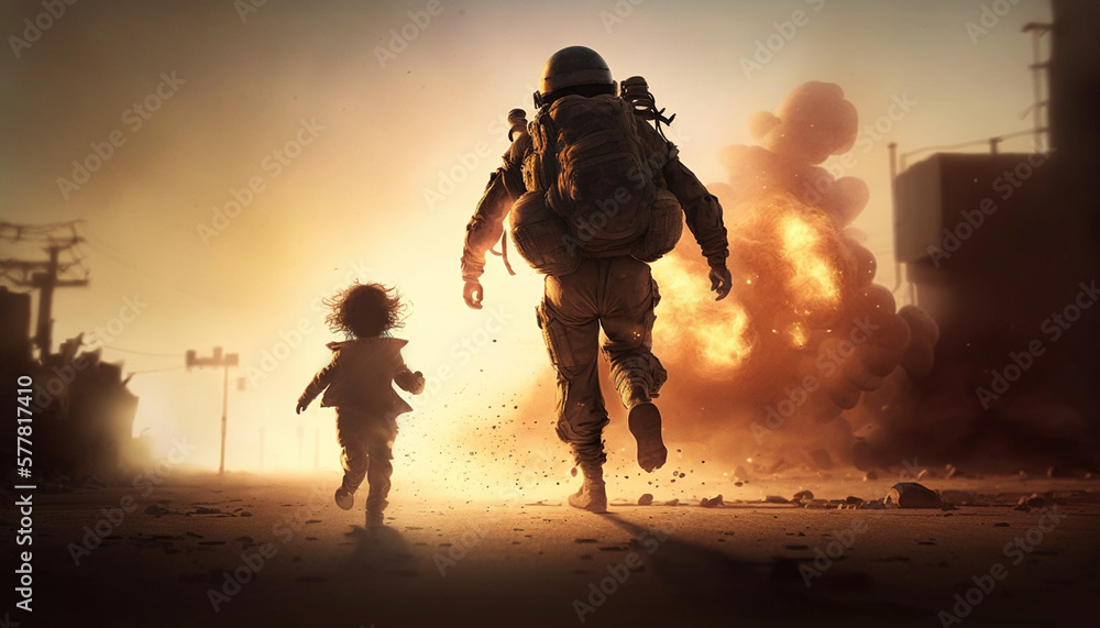 running soldier with a child explosions in back ground
