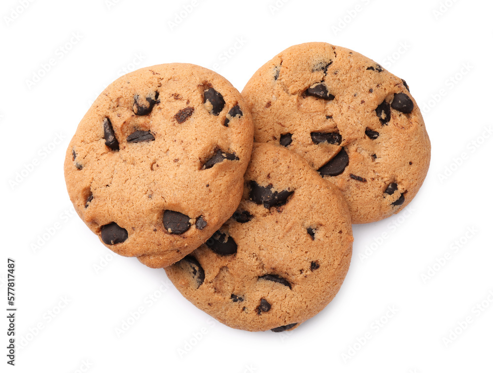 Delicious chocolate chip cookies isolated on white, top view Delicious chocolate chip cookies isolated on white, top view