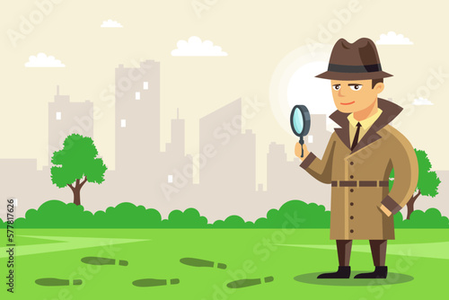 a detective with a magnifying glass follows the trail. shoe prints at the crime scene. flat vector illustration.