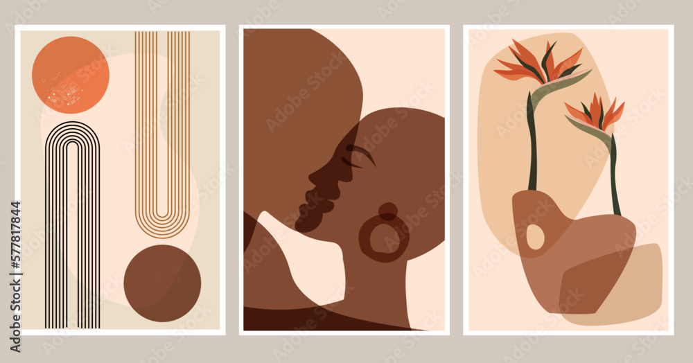 A set of abstract contemporary posters with a kissing couple in love, tropic flowers in a vase, a rainbow and simple trendy shapes. Vector graphics.