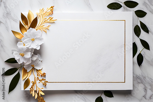 White paper laying on white and gold luxury marble. generative AI
