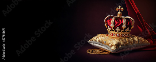 Fotografiet Illustration of Royal golden crown with jewels on golden pillow on red background