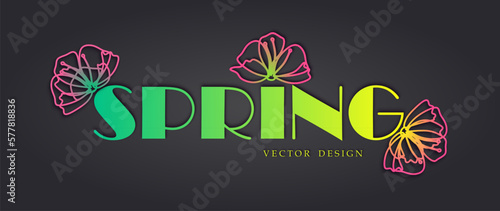 Vector illustration. Simple background, voluminous inscription spring, flower, green, blue, yellow, pink colors, neon. Design of packaging, brochures, flyers, social media, banner