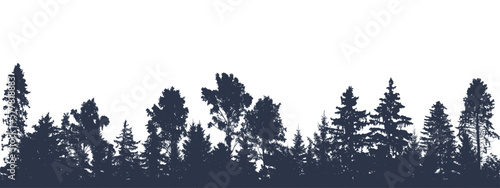 Panorama of beautiful forest, silhouette of firs, pines and different deciduous trees. Vector illustration.