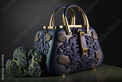 Women's handbag, green color with broccoli vegetable design, luxury design, elegant classical leather bag on dark background, AI generative photo
