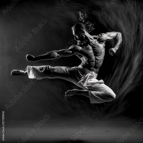 Capoeira dancer, african or latino young male on black background, AI generative
