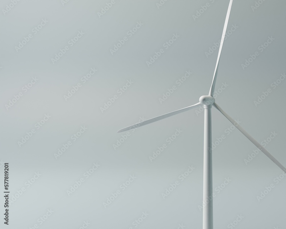 Wind mill, wind turbine, wind power station with long vanes. Renewable wind energy, green and alternative eco energy concept. 3d rendering close up. Isolated on light grey background. minimal style.