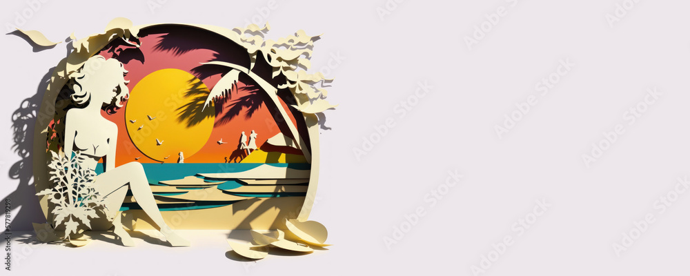 Colorful and intricate papercut design with copyspace isolated on white background. Elements inspired by the summer season: sunshine, beaches, palm trees, seashells. Generative AI Colorful and intricate papercut design with copyspace isolated on white background. Elements inspired by the summer season: sunshine, beaches, palm trees, seashells. Generative AI