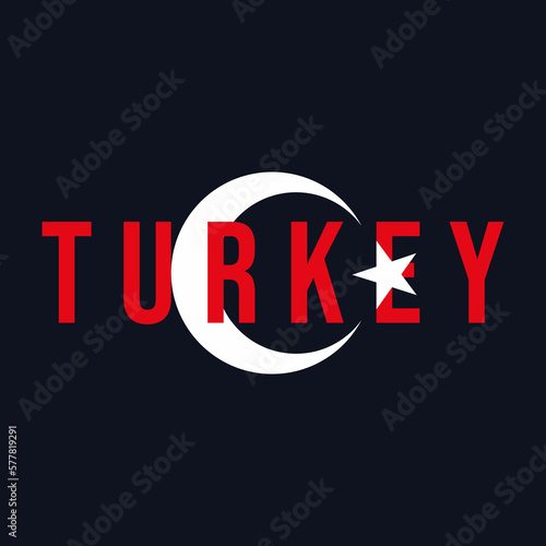 Turkey word with flag design. Illustration of Turkey text with flag symbol crescent moon and star. photo