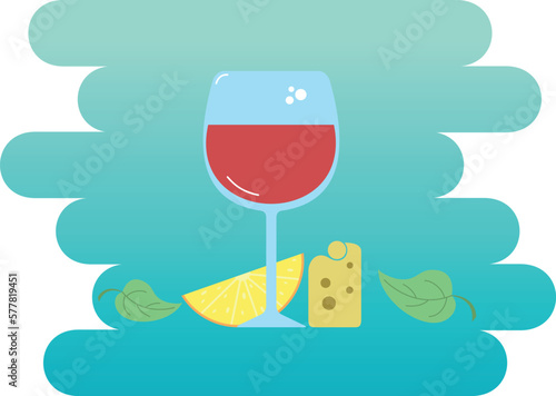 vector illustration of beach glass, rest and drink, orange and juice, summer vacation, glass of wine and cheese, красное вино в стеклянном бокале