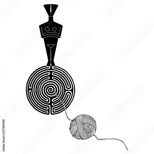 Cycladic idol on a round spiral maze or labyrinth symbol and a yarn ball. Ariadne. Unravel ancient mysteries. Great Mother archetype. Greek female figurine of a goddess. Black and white silhouette.