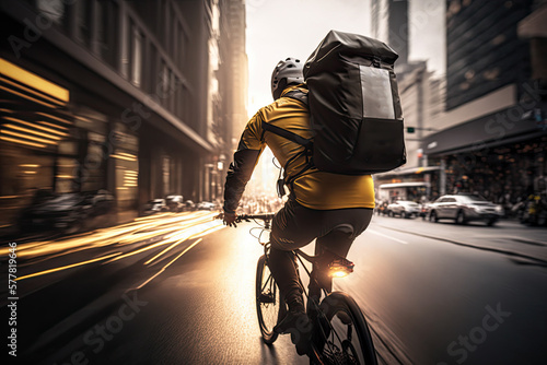 Fototapeta Generative AI Illustration of a delivery rider riding a bicycle through the city
