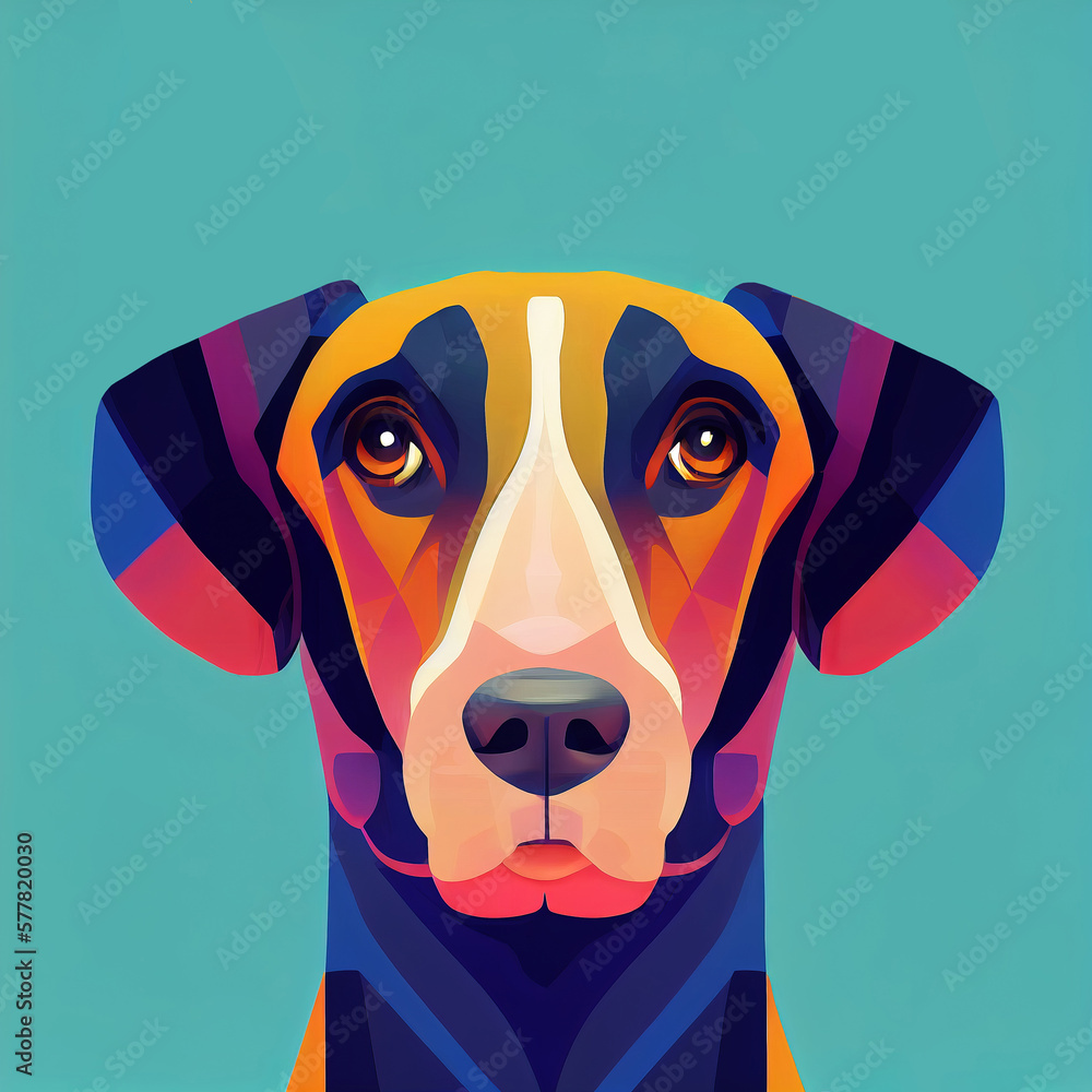 Bright colorful dog head on a blue background. Doberman dog breed. AI