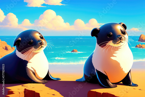 Colorful magic Seal (Sea Lion), cartoon style painting. Generative ai art illustration
