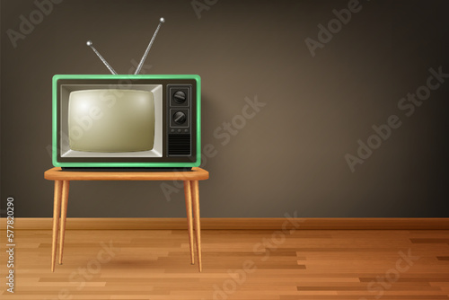 Vector 3d Realistic Retro TV Receiver on Wooden Floor. Home Interior Design Concept. Vintage TV Set, Television, Front View