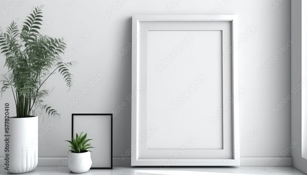 Blank picture frame mockup on white wall. Modern living room design. Generative AI. Blank picture frame mockup on white wall. Modern living room design. Generative AI.