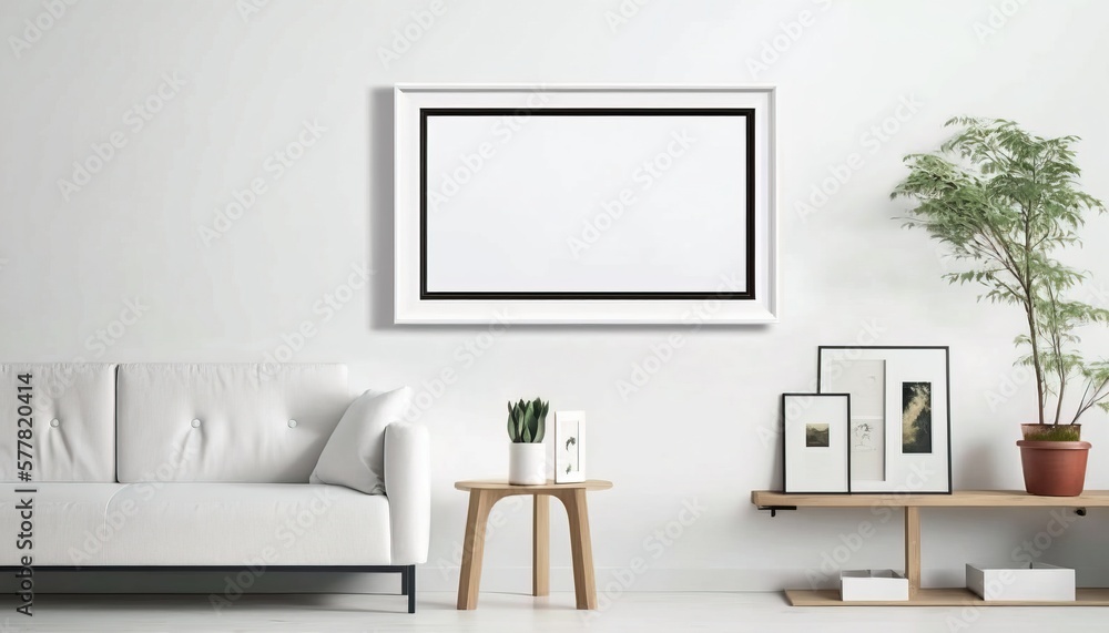 Blank picture frame mockup on white wall. Modern living room design. Generative AI. Blank picture frame mockup on white wall. Modern living room design. Generative AI.