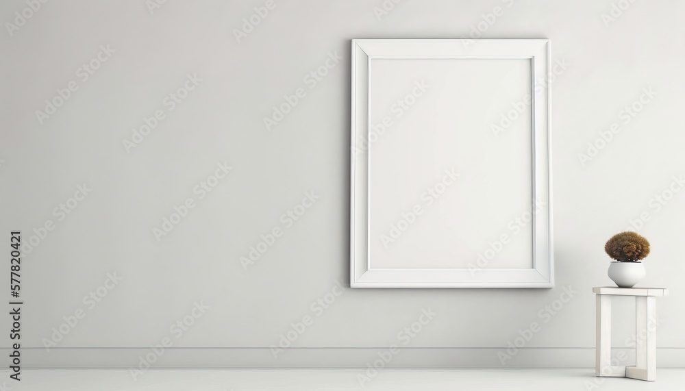 Blank picture frame mockup on white wall. Modern living room design. Generative AI. Blank picture frame mockup on white wall. Modern living room design. Generative AI.