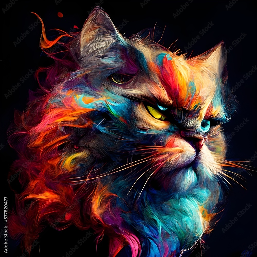 brave colored cat, blue yellow eye. AI generated