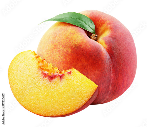 Ripe whole peach fruit with green leaf and slice isolated on transparent background. Full depth of field.